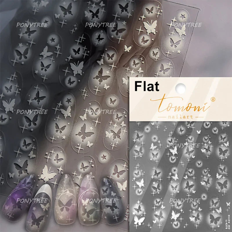 Delicate Dreamy Petal Star Tulip Flower Purple Bowknot Butterfly Illusion Chic Relief Adhesive Nail Art Stickers Manicure Decals (Online Order Only)