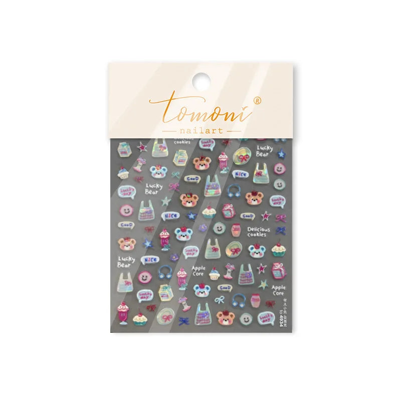 Cute Lucky Bear Apple Core Star Bowknot Flower Delicious Cookies Cherry Cake Dessert Milk Vase Adhesive Nail Art Stickers Decals (ONLINE ORDER ONLY)