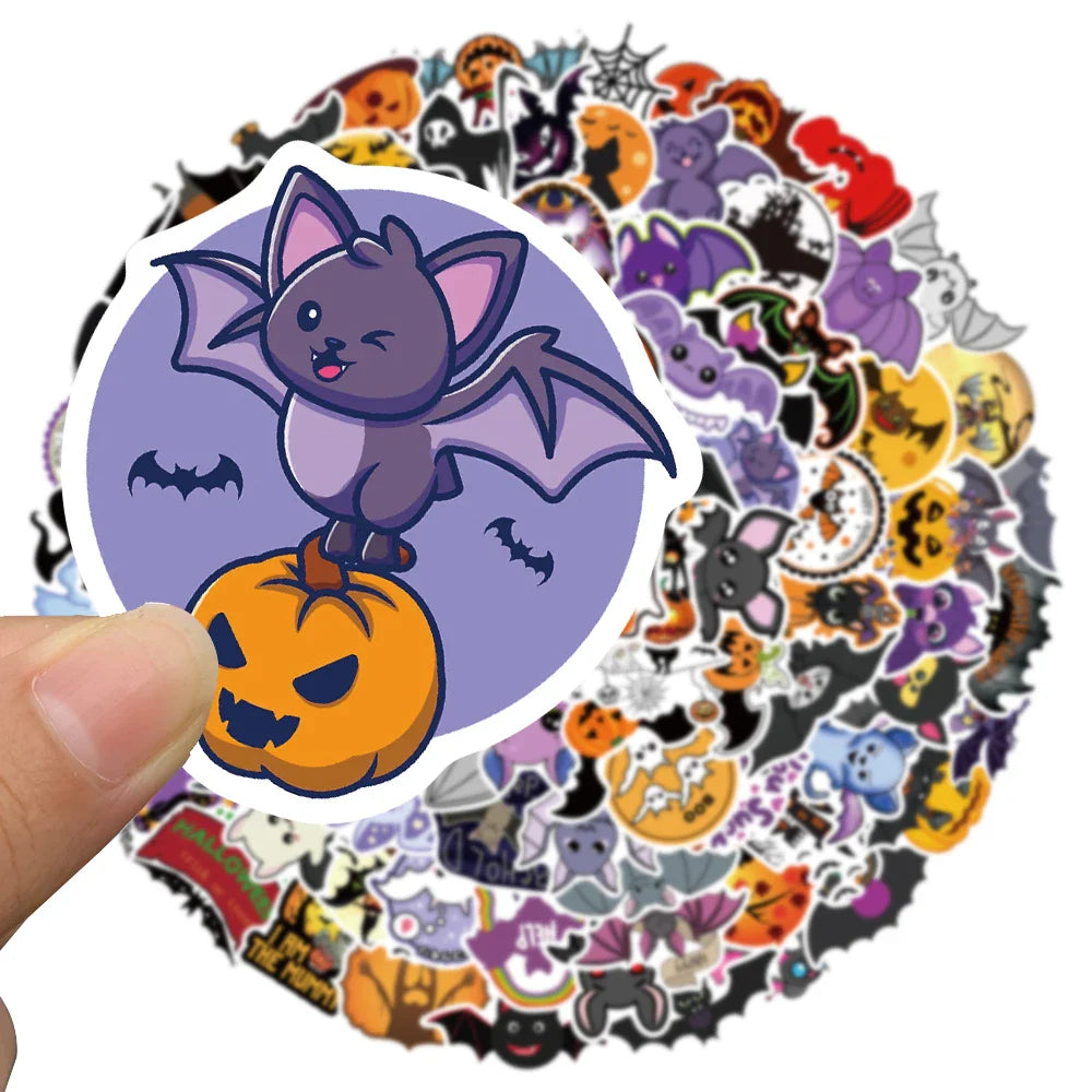 50/100pcs Cute Cartoon Halloween Bats Stickers Kids Toy Waterproof Graffiti For Laptop Guitar Water Bottle Bicycle Car Decals (ONLINE ORDER ONLY)