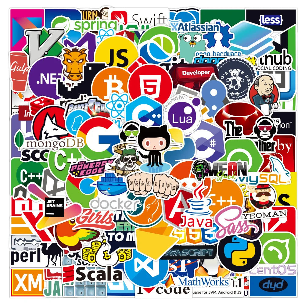 Mixed Programming Stickers for Laptop, Phone, Guitar, Notebook, Water Bottle (10/50/100pcs) (Online Order Only)