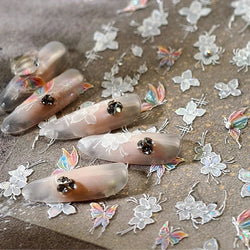 White Flower Colourful Butterfly Pearl Petal Beautiful Garden Charming Plant 5D Self Adhesive Nail Art Stickers Manicure Decals (ONLINE ORDER ONLY)
