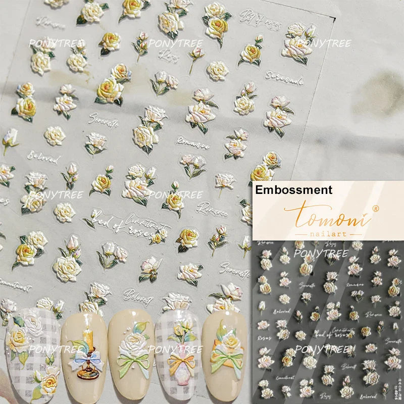 Trumpet Creeper White Flower Purple Leaves Antique Special Characters 5D Soft Relief Adhesive Nail Art Stickers Manicure Decals (ONLINE ORDER ONLY)