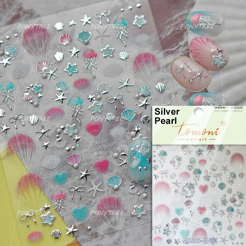 Hot Stamping Laser Shell Conch Starfish Pearl Whale Coral Dolphin Summer Beach Sea Wave Jellyfish Bubble Nail Art Stickers Decal (ONLINE ORDER ONLY)