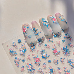 Delicate Shiny Pink Flower Blue Hairpin with Flower Decoration Self Adhesive Nail Art Stickers Pearl Rhinestone Manicure Decals (Online Order Only)