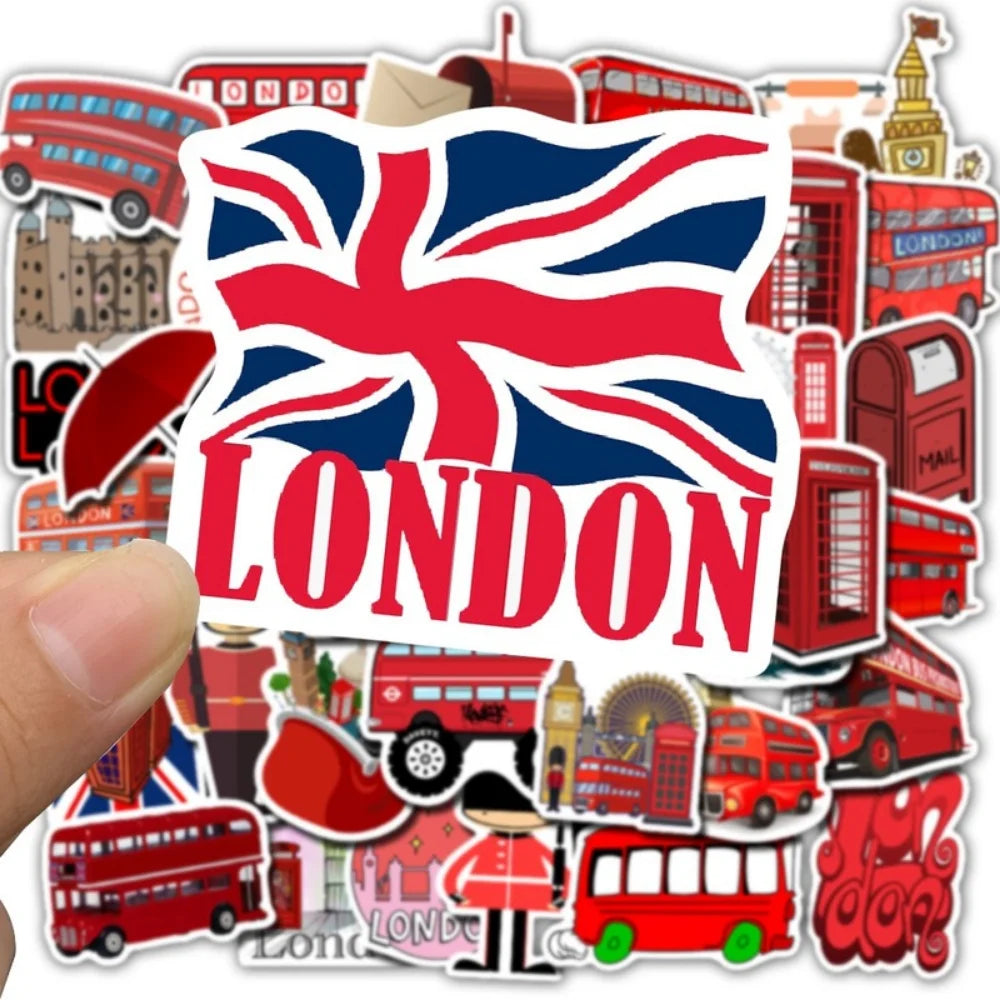 50Pcs/Lot Waterproof London Red Bus Telephone Booth PVC Stickers For Laptop Motorcycle Skateboard Luggage Decal Toy Sticker (ONLINE ORDER ONLY)