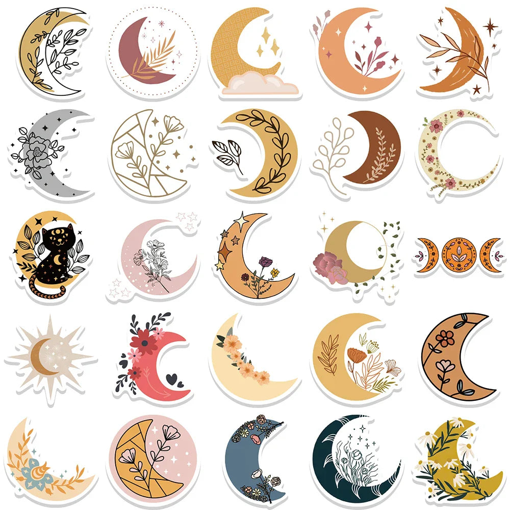 10/30/50PCS Pretty Bohemia Flower Moon Stickers Aesthetic Decoration DIY Skateboard Guitar Laptop Scrapbook Fridge Decals Toys (ONLINE ORDER ONLY)