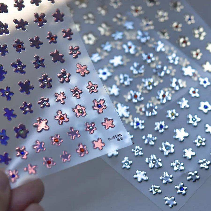 Hot Stamping Laser Silver Pink White Flower Rhinestone Pearl Irregular Petal Adhesive Nail Art Decoration Sticker Manicure Decal (ONLINE ORDER ONLY)