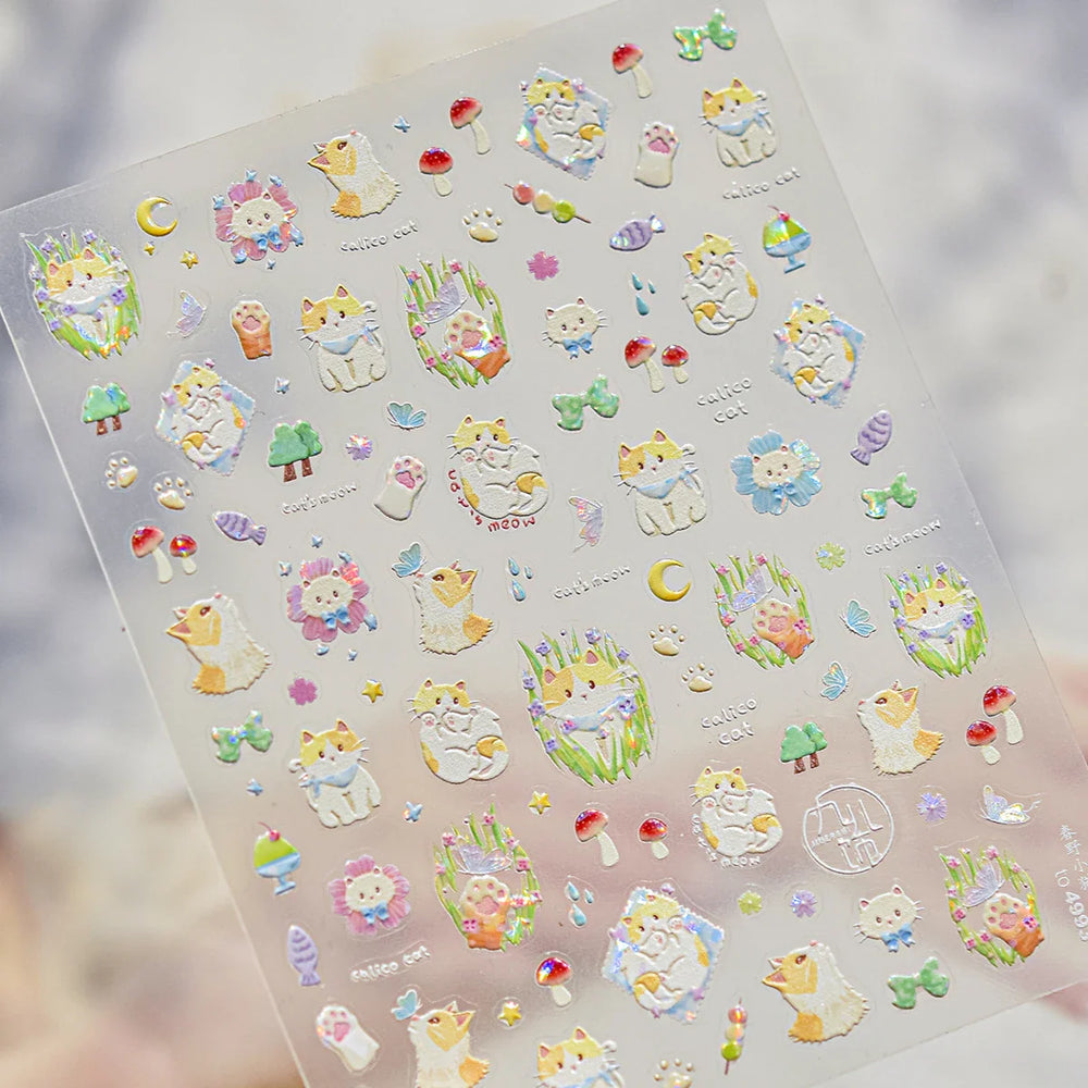 Picnic Cat Kitten Bowknot Flower Fish Butterfly Tree Mushroom Star Moon Cat's Paw Adhesive Nail Art Sticker Cute Manicure Decals (Online Order Only)