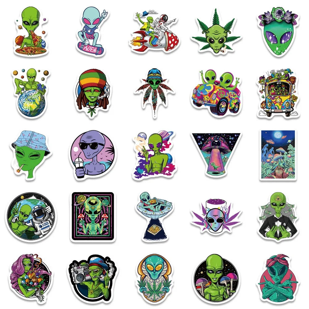 50pcs Psychedelic Alien Weed Characteristics Stickers Laptop Car Bike Travel Luggage Fridge Vinyl Decal Waterproof Sticker Toy (ONLINE ORDER ONLY)