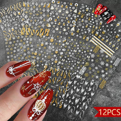 12Pcs 3D Golden Red Glitter Heart Love Nail Sticker Valentine Self Adhesive Cartoon Decal Geometry Lines Stripe Slider Manicure* (ONLINE ORDER ONLY)