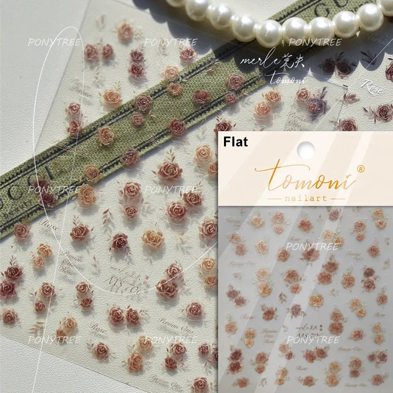 Flower Bowknot Butterfly Plant Leaf English Letter Rose Hand Drawn Embossed Relief Self Adhesive Nail Art Sticker Manicure Decal (ONLINE ORDER ONLY)