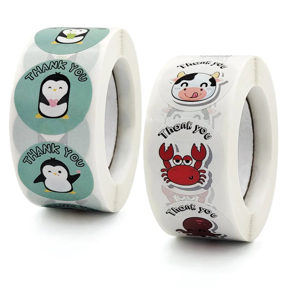 100-500pcs Round Cartoon Label Stickers Paper Cute Thank You Stickers for Baking Packaging Seal Labels Stationery Stickers (Online Order Only)