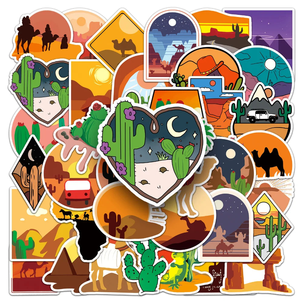 50Pcs Pack Cartoon Desert Sticker Vinyl Waterproof for DIY Water Bottle Laptop Scrapbooking Luggage Guitar Skateboard (ONLINE ORDER ONLY)