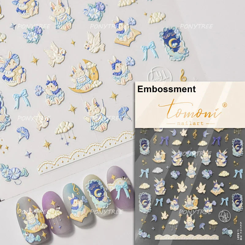 Rabbit Bunny Moon Flower Lantern Peach Blossom Star Bowknot Self Adhesive Nail Art Stickers Rhinestone Delicate Manicure Decals (ONLINE ORDER ONLY)