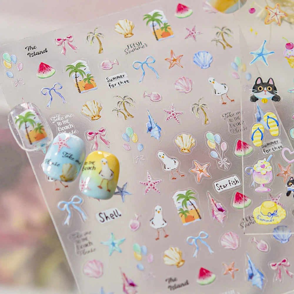 Summer Beach Bikini Watermelon Hat Sandals Ice Cream Shell Conch Starfish Cat Duck Nail Art Decoration Stickers Manicure Decals (ONLINE ORDER ONLY)