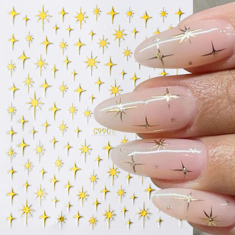 6Pcs 3D Silvery Star Nail Sticker Y2K Nail Design Gold Bronzing Slider Chrome Effect Nail Decoration Nail Design Manicure Tips * (ONLINE ORDER ONLY)