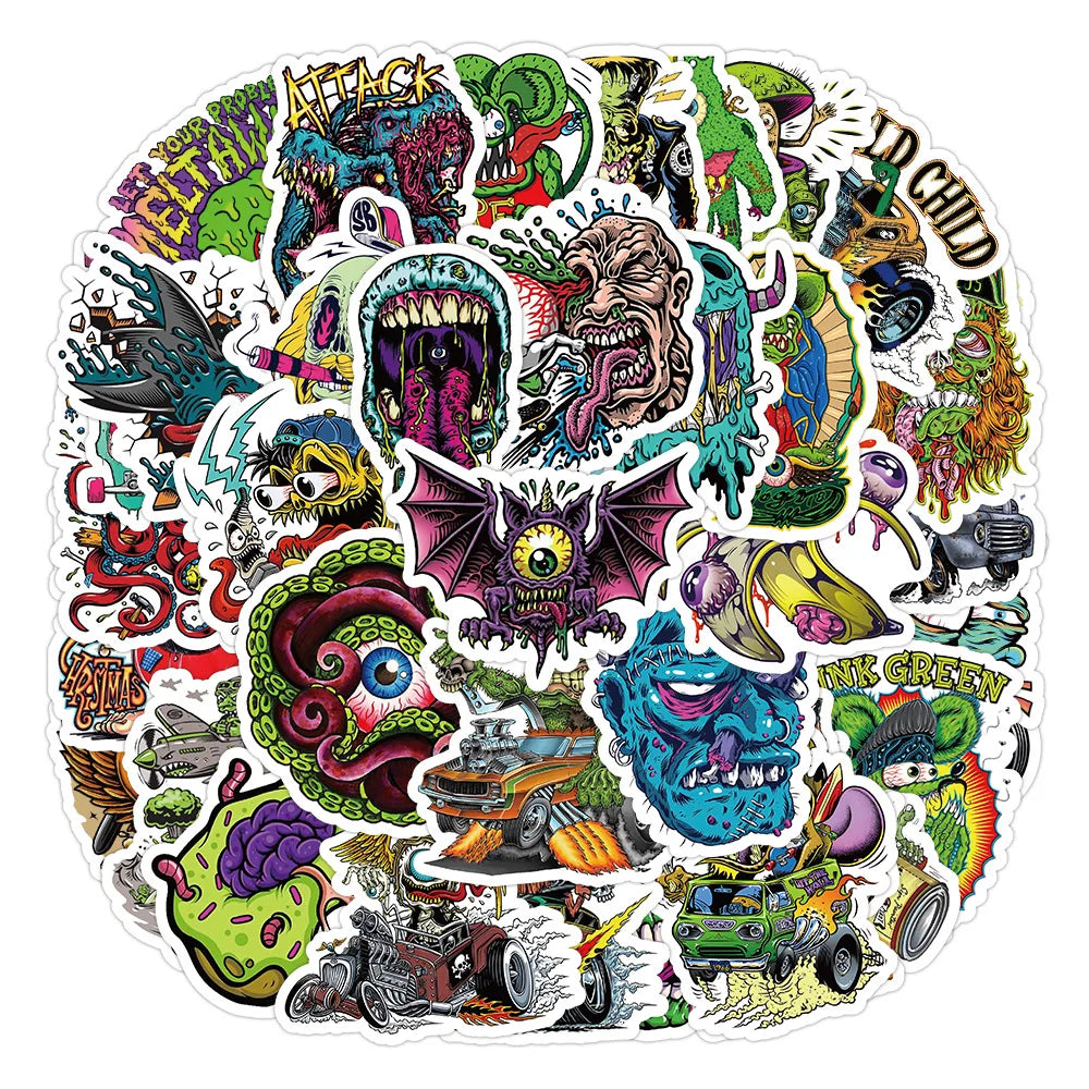 10/50PCS Funny Horror Liquid Monster Stickers Cool Graffiti Decoration DIY Skateboard Scrapbook Phone Laptop Car Decals Toys (Online Order Only)