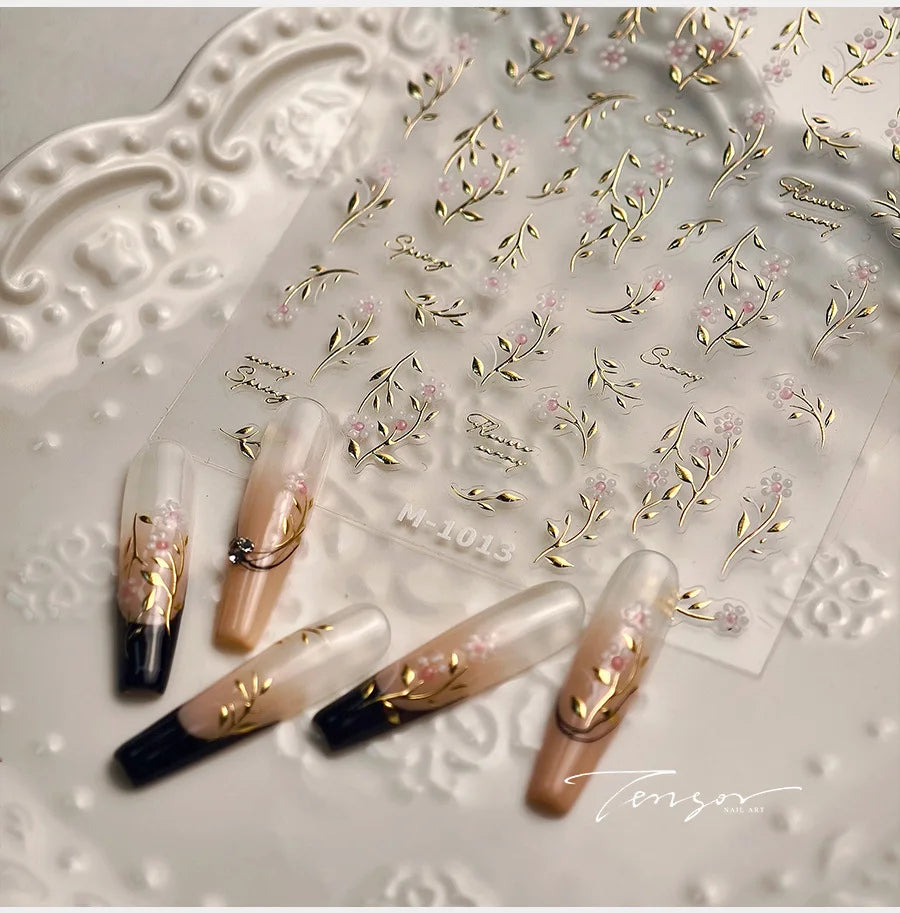 Pink Flower Hot Stamping Silver Leaves Branch Wicker Willow Plant Chic Adhesive Nail Art Decorations Stickers Manicure Decals (Online Order Only)