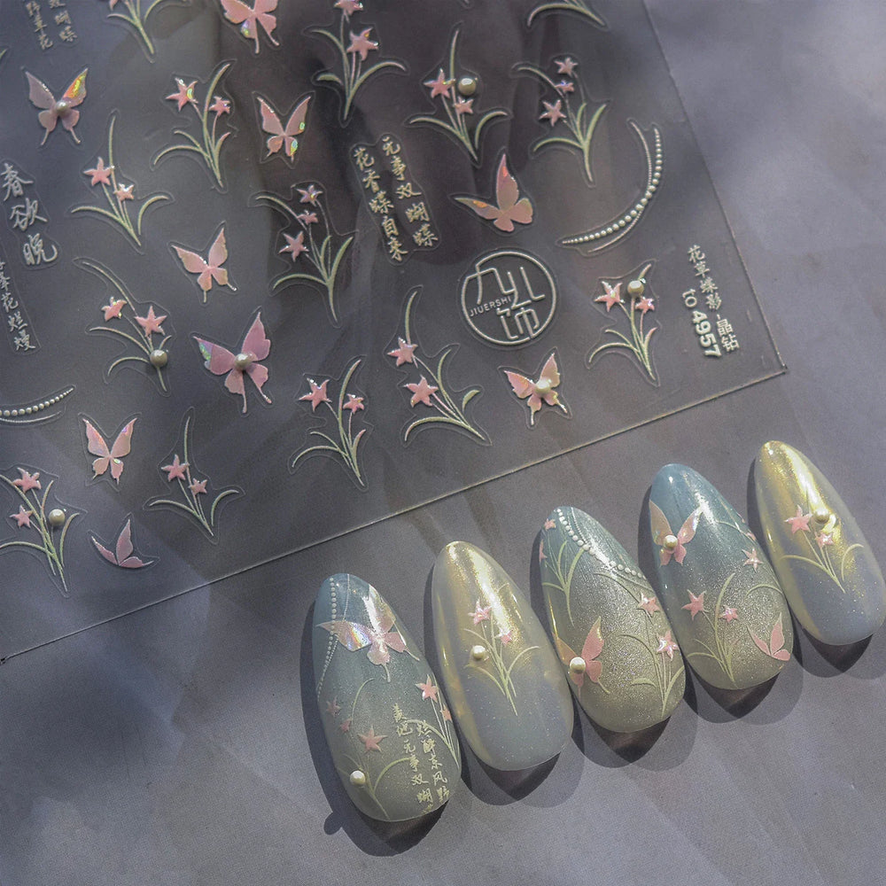 Vigorous Pink Orchid Cymbidium Antique Fragrant Thoroughwort Grass Butterfly Adhesive Nail Art Sticker Plant 3D Manicure Decals (ONLINE ORDER ONLY)