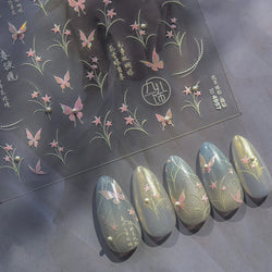Vigorous Pink Orchid Cymbidium Antique Fragrant Thoroughwort Grass Butterfly Adhesive Nail Art Sticker Plant 3D Manicure Decals (ONLINE ORDER ONLY)