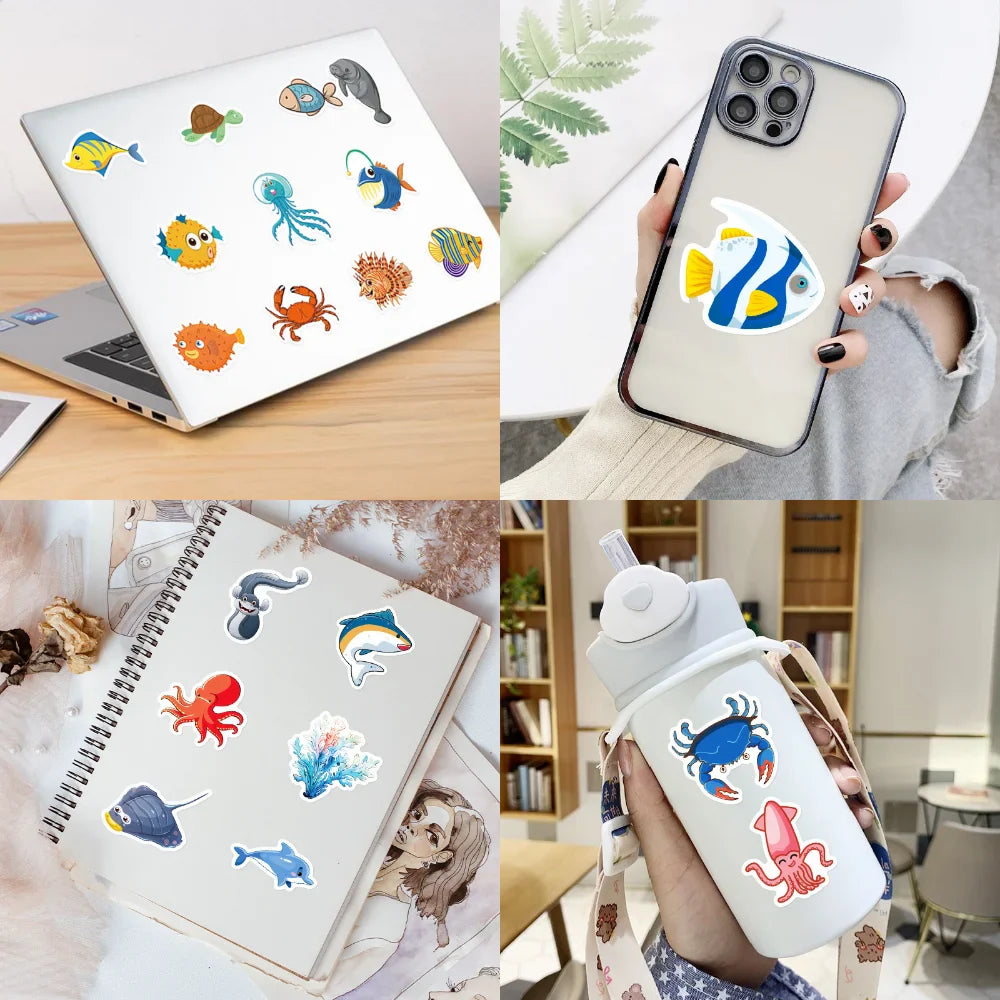 10/50Pcs Cartoon Marine Life Fish And Shrimp Sticker For Kids Toys Luggage Laptop Ipad Skateboard Stickers Wholesale (ONLINE ORDER ONLY)