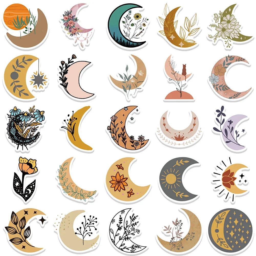 10/30/50PCS Pretty Bohemia Flower Moon Stickers Aesthetic Decoration DIY Skateboard Guitar Laptop Scrapbook Fridge Decals Toys (ONLINE ORDER ONLY)