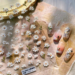 Mountain Daisy Wild Flower Mini Green Leaves White Petal Romantic Embossed Reliefs Adhesive Nail Art Stickers Manicure Decals (ONLINE ORDER ONLY)