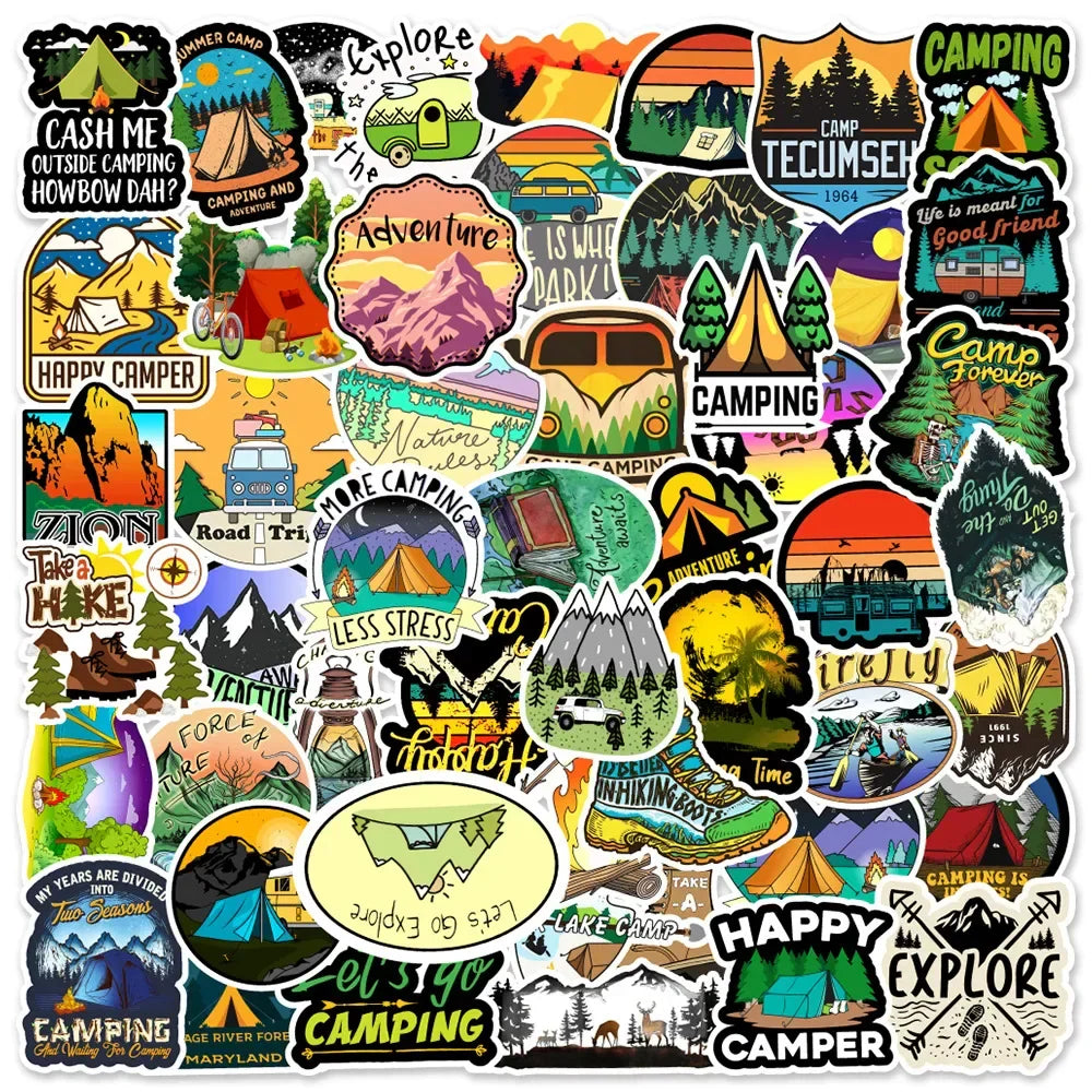 10/50/100Pcs Outdoor Hiking Camping Stickers Travel Decals DIY Skateboard Phone Laptop Luggage Bike Car Cool Waterproof Sticker (Online Order Only)