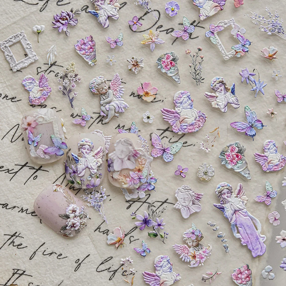 European Garden Angel Wing White Rose Flower Bed Vase Lace Bowknot Statue Adhesive Nail Art Decoration Sticker Manicure Decals (ONLINE ORDER ONLY)