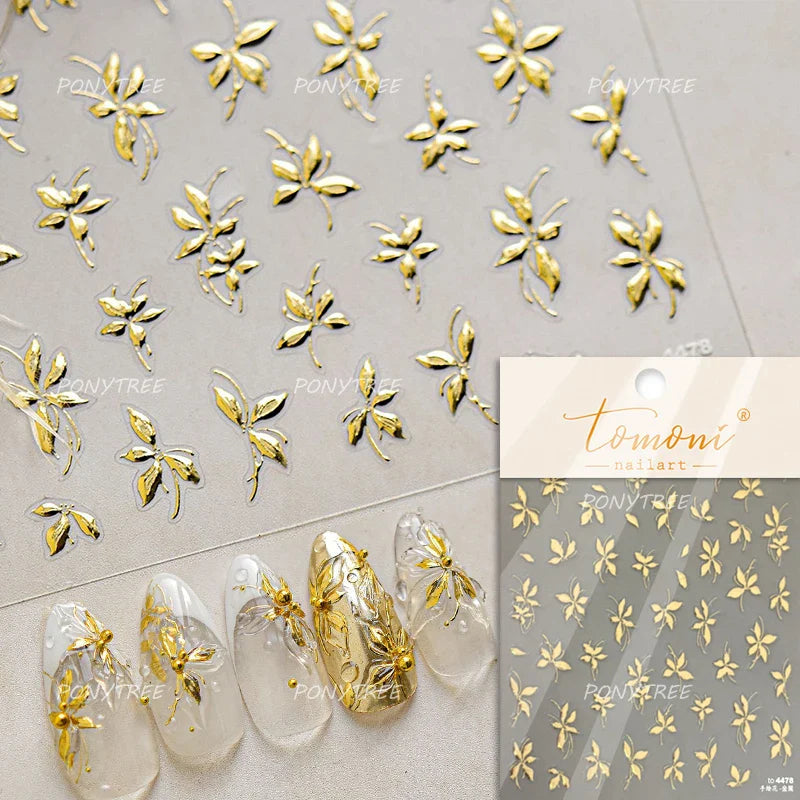 Gold Hot Stamping Flowers Leaves 3D 5D Pearl Bead Delicate Self Adhesive Nail Art Decorations Stickers Manicure Decals Wholesale (Online Order Only)