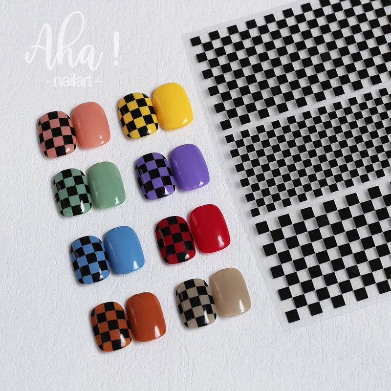 1PCS Checkerboard Nail Art Stickers 3D Classic Plaid Design Nail Decals Fashion Black White Houndstooth Manicure Accessories (Online Order Only)