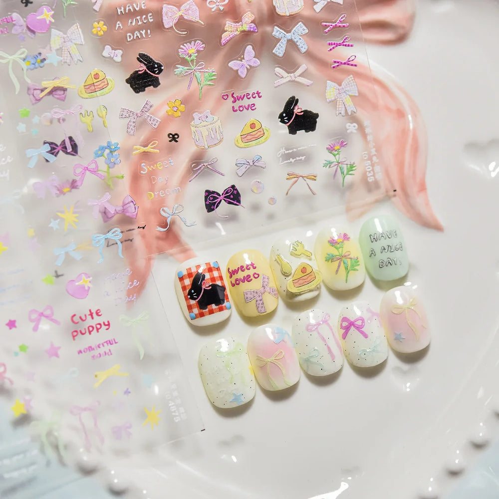 Black Rabbit Bunny Ribbon Bowknot Flower Cake Daisy Dessert Knife Fork Butterfly Self Adhesive Nail Art Stickers Manicure Decals (ONLINE ORDER ONLY)
