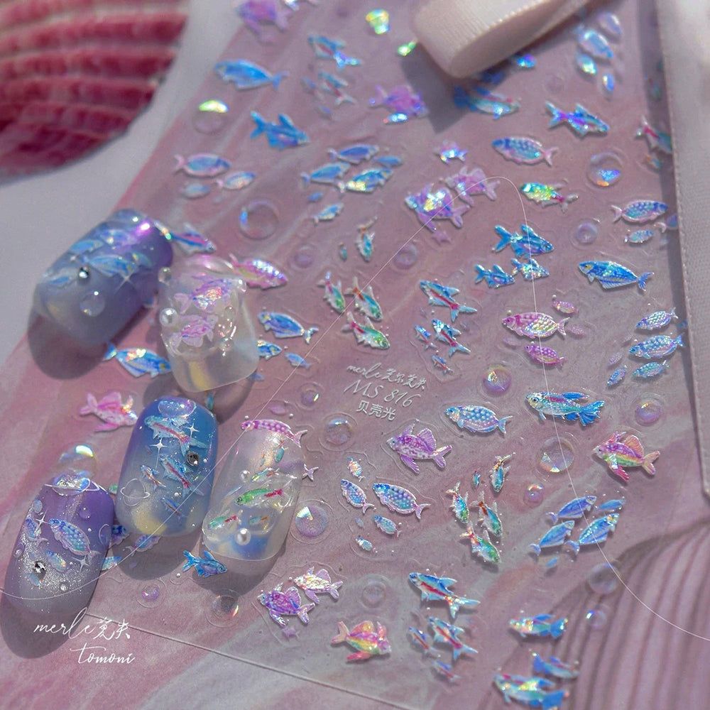 Colorful Shoal of Fish Whale Ocean Shell Conch Starfish Summer Sea Jellyfish Bubble Nail Art Decoration Sticker Manicure Decals (ONLINE ORDER ONLY)