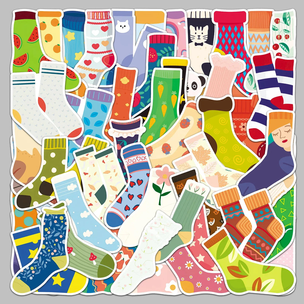 50pcs Cute Cartoon Socks Graffiti Stickers for Helmet, Wall, DIY Decoration (Online Order Only)