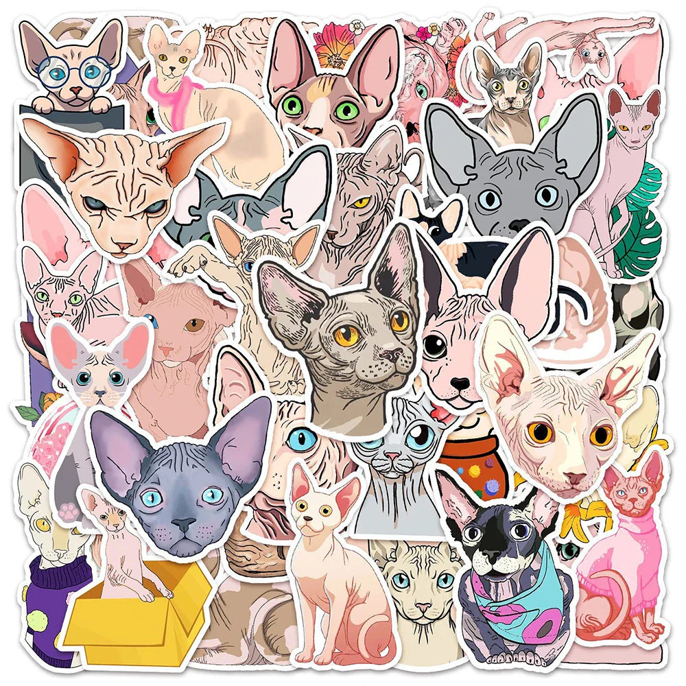 10/30/50PCS Sphynx Cats Stickers Cute Animal Decals Toys DIY Skateboard Phone Fridge Laptop Bike Car PVC Waterproof Sticker Gift (ONLINE ORDER ONLY)