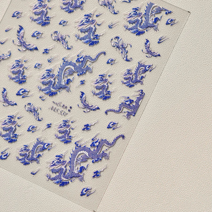 Retro Embroidered Dragon Red Pink Blue White Porcelain Chinese 3D Embossed Relief Self Adhesive Nail Art Stickers Manicure Decal (ONLINE ORDER ONLY)