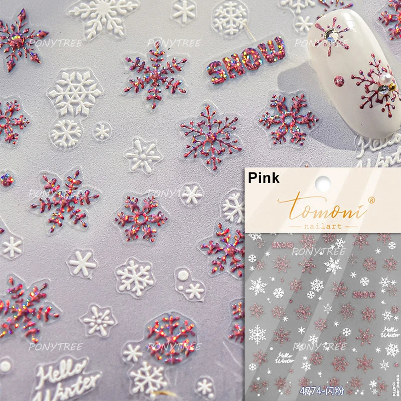 Shiny Snow Delicate Gold Pink Silver White Romantic Winter Self Adhesive Nail Art Stickers Snowflake Rhinestone Manicure Decals (ONLINE ORDER ONLY)