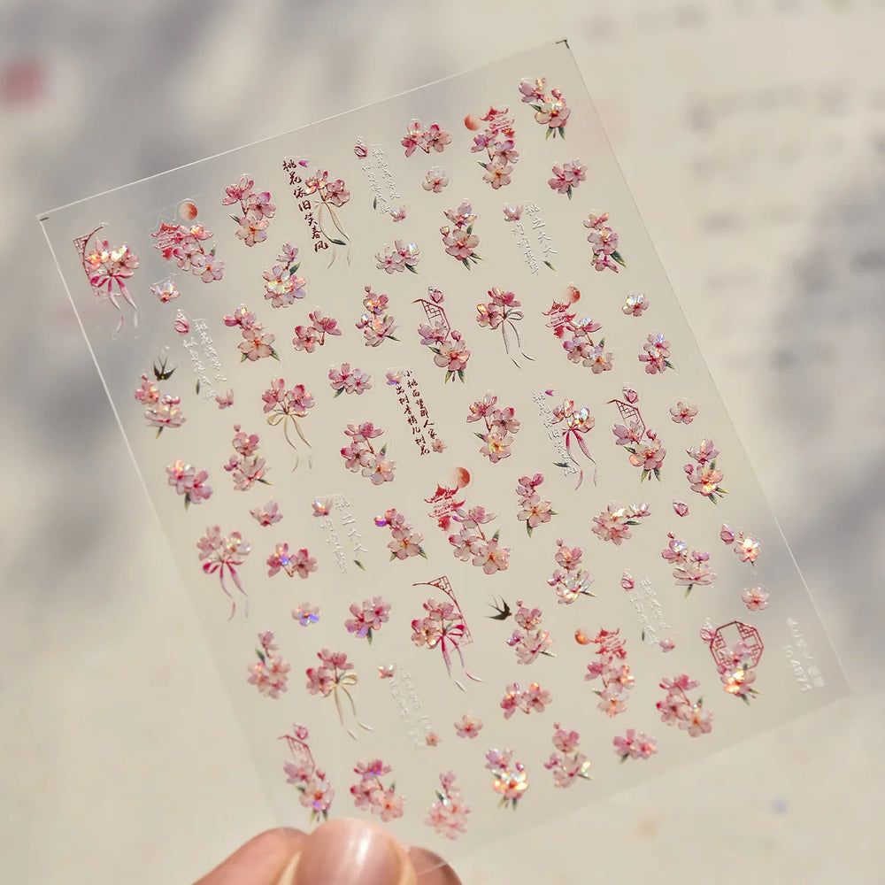 Pink Peach Blossom Flower White Pear Romantic Archaistic Swallow Window Adhesive Nail Art Stickers Rhinestone Manicure Decals (ONLINE ORDER ONLY)