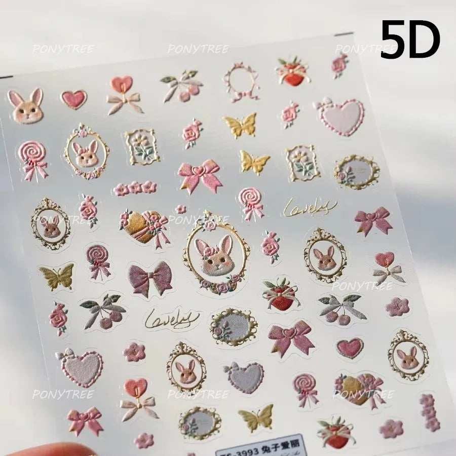 Cute Rabbit Fan Peach Blossom Teacup Lollipop Strawberry Star Cherry Hat Soft Embossed Adhesive Nail Art Stickers Manicure Decal (ONLINE ORDER ONLY)