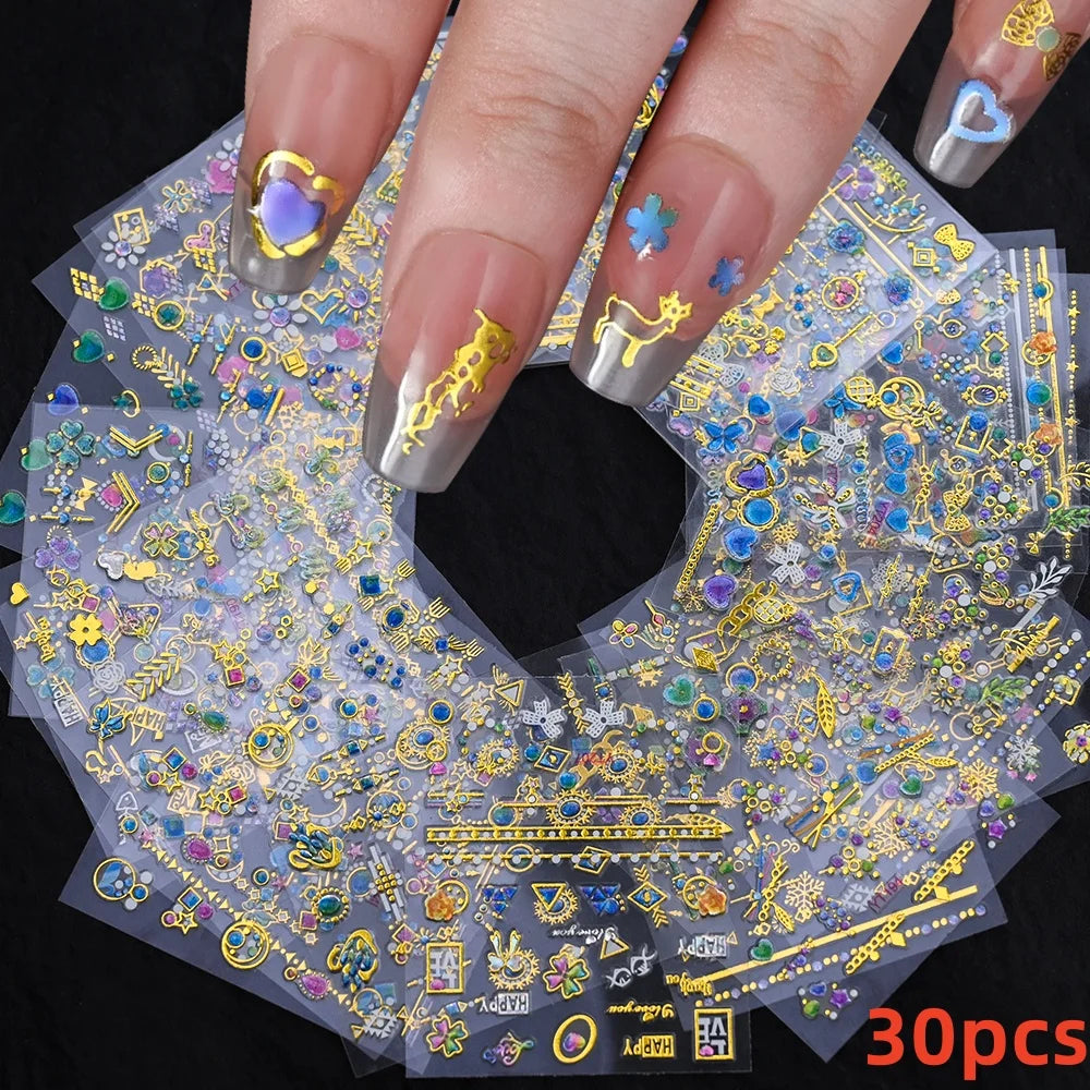30Pcs/Set Red Golden 3D Nail Art Sticker Hot Stamping Hollow Decals Mixed Designs Adhesive Flower Nail Tips Letter Butterfly Set (Online Order Only)