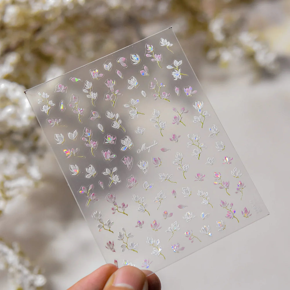 Translucent White White Pink Magnolia Rose Flower Floral Soft Embossed Relief Adhesive Nail Art Stickers Chic 3D Manicure Decals (ONLINE ORDER ONLY)