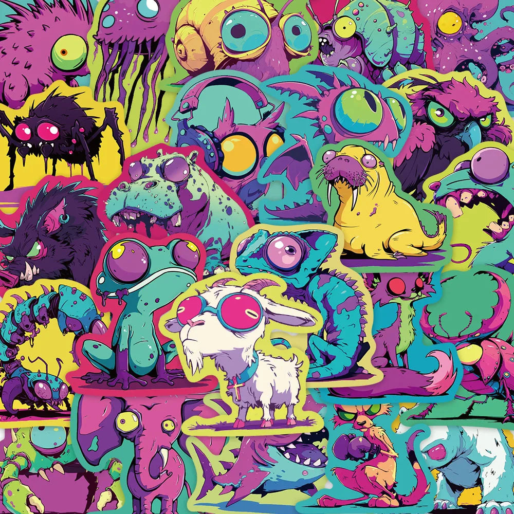 Retro Colorful Strange Creatures Stickers - Funny Waterproof Decals for Phone, Notebook, Guitar, DIY Aesthetic (Online Order Only)