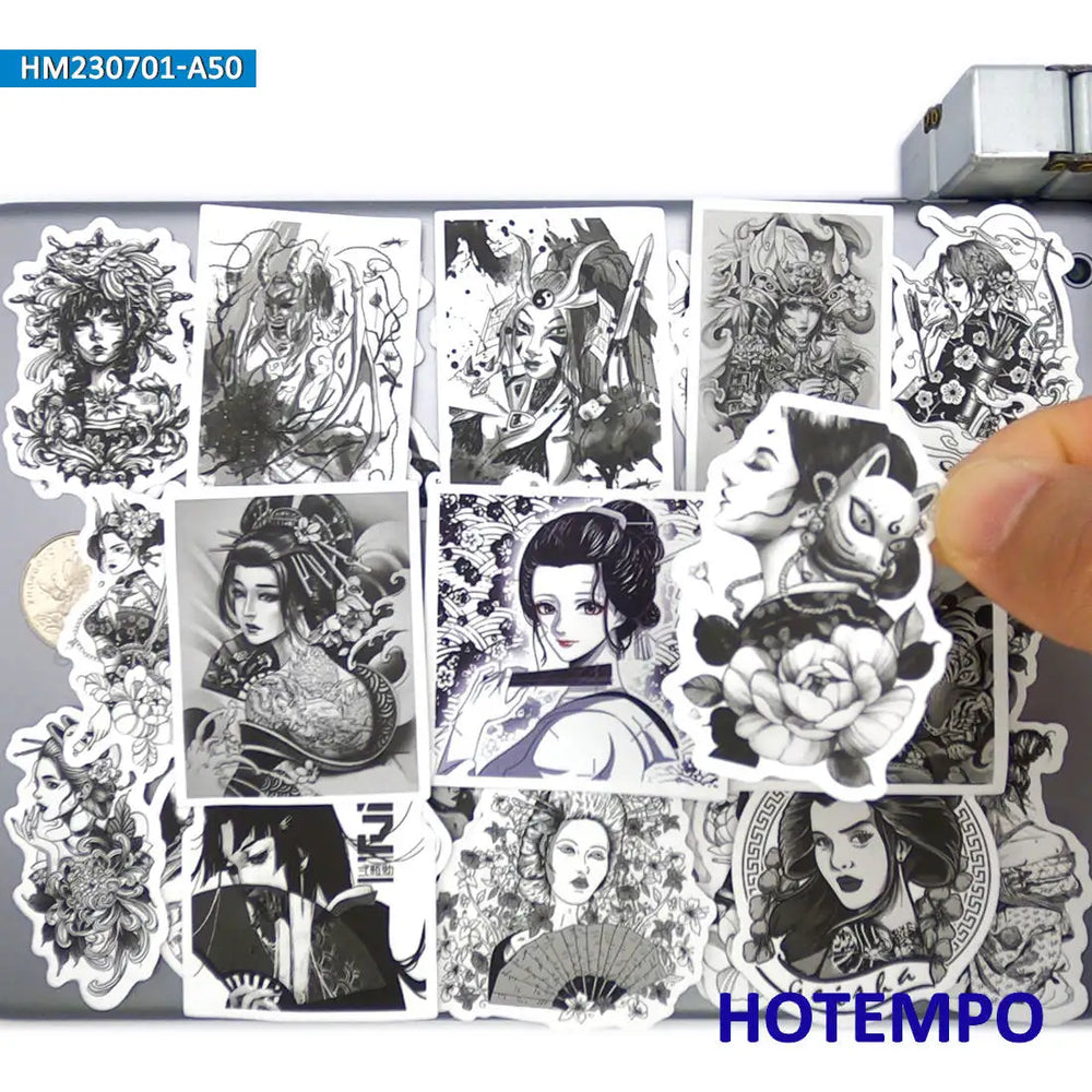 20/30/50Pieces Black White Style Ukiyo-e Geisha Tattoo Girls Stickers for Motorcycle Car Bike Luggage Phone Laptop Sticker Toys (Online Order Only)