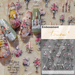 Oil Painting Style Rose Camellia Flower Vase Romantic Candle Holder Bowknot Embossed Adhesive Nail Art Stickers Manicure Decals (ONLINE ORDER ONLY)