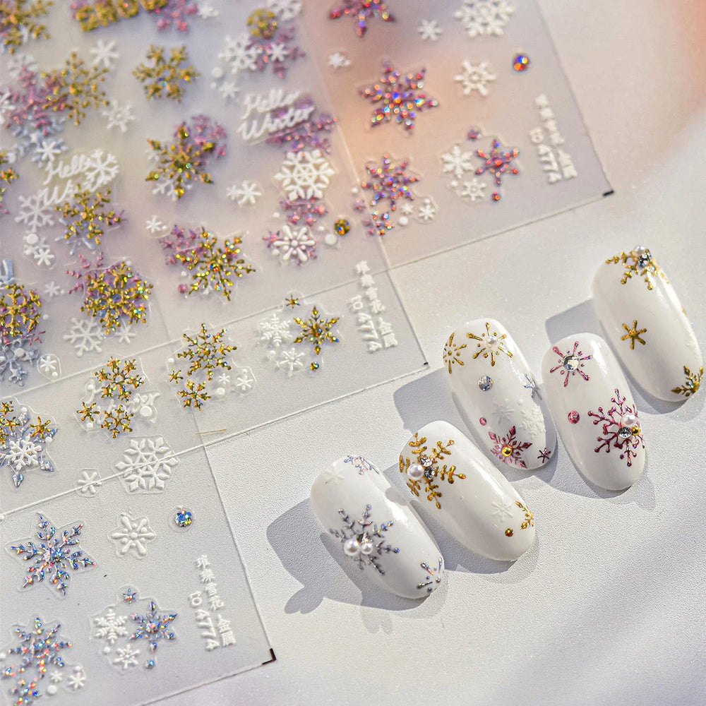 Shiny Snow Delicate Gold Pink Silver White Romantic Winter Self Adhesive Nail Art Stickers Snowflake Rhinestone Manicure Decals (ONLINE ORDER ONLY)