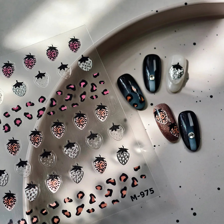 Pink Transparent Strawberry Leopard Print Metal Silver Fruit Lovely Self Adhesive Nail Art Stickers 5D Manicure Decals Wholesale (ONLINE ORDER ONLY)