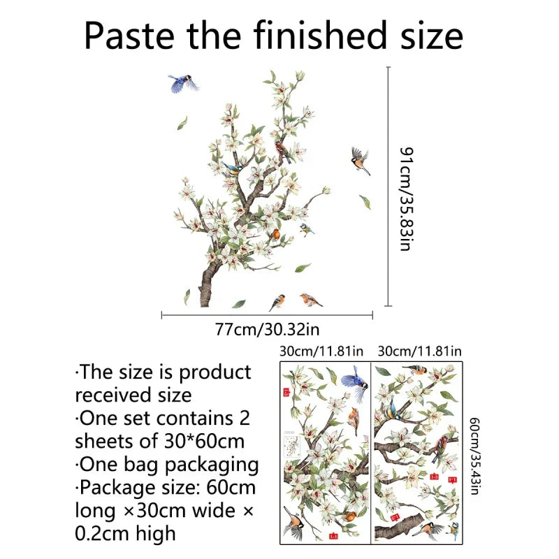 2PCS New Branches Flowers Birds for Living Room Bedroom Bathroom Decoration Kids Home Decor Background Wall Self-Adhesive Murals (Online Order Only)