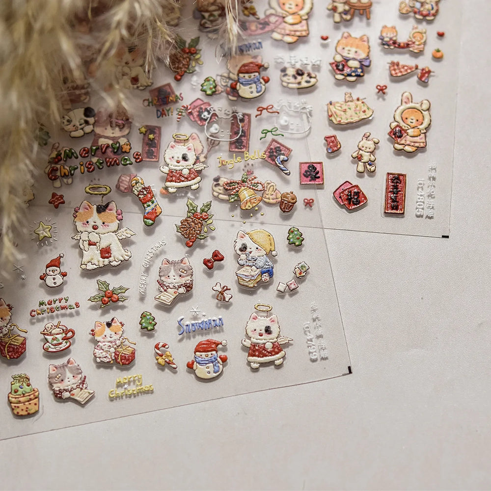 Cat Kitten Star Tree Bell Angel Bowknot Snowman Envelope Pinecone Bone Adhesive Nail Art Stickers Cup Rhinestone Manicure Decals (ONLINE ORDER ONLY)