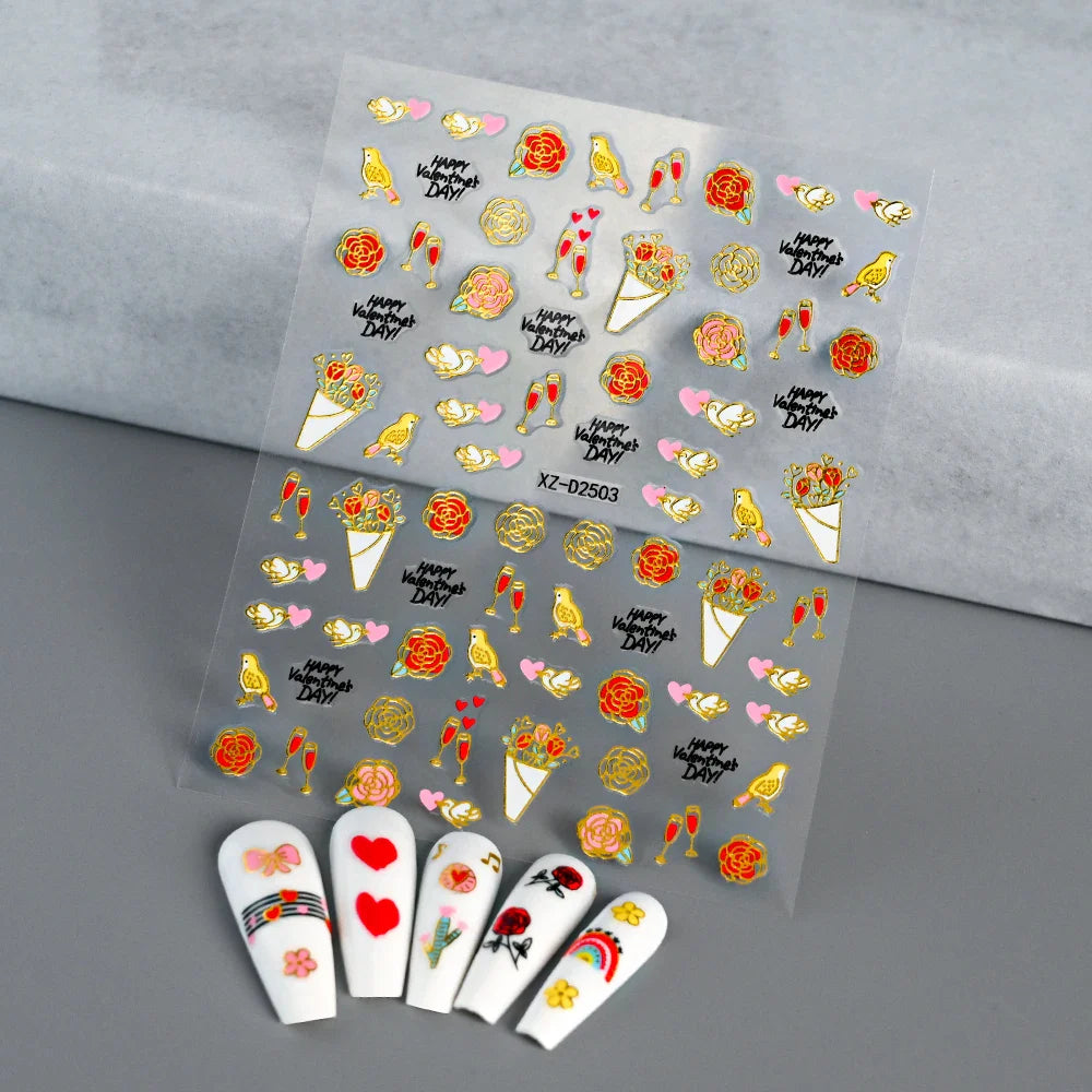 1pc Bohemian Valentine Nail Stickers 3D Self-Adhesive Fantasy Nail Art Glitter Sun, Heart, Lock, Star & Moon Designs Nail Decals (ONLINE ORDER ONLY)
