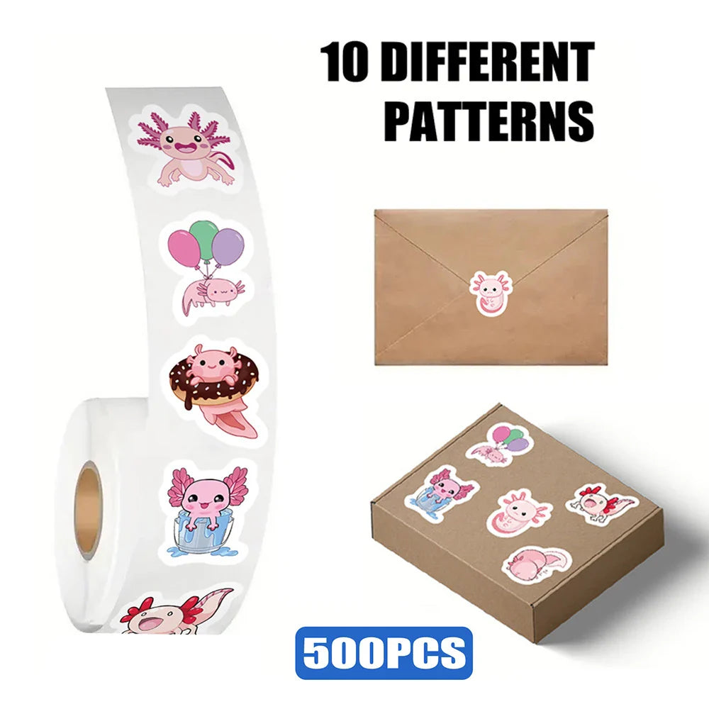 500pcs Axolotl Stickers Roll Cartoon Animal Decals for Kids Scrapbook Laptop (Online Order Only)